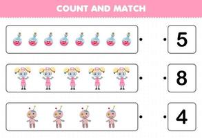 Education game for children count the number of cute cartoon magic potion voodoo doll zombie girl costume and match with the right numbers halloween printable worksheet vector
