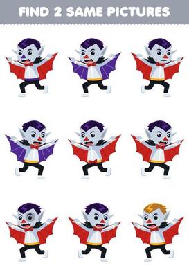 Education game for children find two same pictures of cute cartoon dracula boy costume halloween printable worksheet