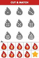 Educational game for kids count the dots on each silhouette and match them with the correct numbered red fire halloween printable worksheet vector