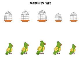 Matching game for preschool kids. Match parrots and cages by size. vector