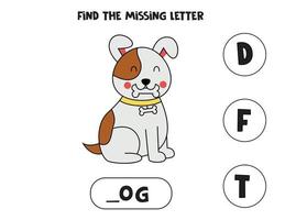 Find missing letter with cute dog. Spelling worksheet. vector