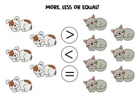More, less, equal with cute cats and dogs. vector