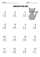 Addition for kids with hand drawn cute cat. vector