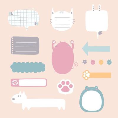 set of cute hand drawn, doodle blank sticky note pad with icon, tape, speech bubble balloon think, speak, talk, note pad, memo, text box banner reminder planner, flat design, vector, illustration
