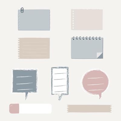 set of cute hand drawn, doodle blank sticky note pad with tape, speech bubble balloon think, speak, talk, note pad, memo, text box banner reminder planning, flat design, vector, illustration