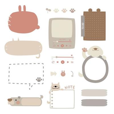 set of cute hand drawn, doodle text box with icon, speech bubble balloon, text box, flat design, vector, illustration