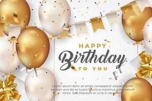 luxury happy birthday greeting template with balloon, birthday flag and glitter vector