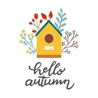 Hello autumn birdhouse fall season vector illustration elements