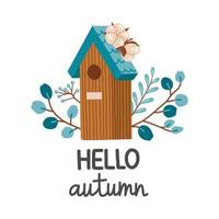 Hello autumn birdhouse fall season vector illustration elements