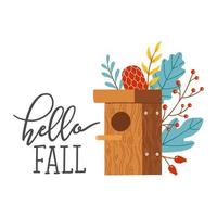 Hello autumn birdhouse fall season vector illustration elements