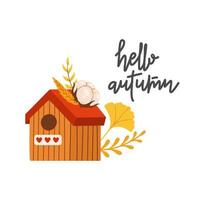 Hello autumn birdhouse fall season vector illustration elements