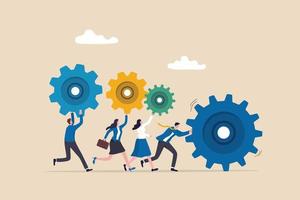 Business organization, people working together or teamwork to help success mission, cooperation or community concept, businessman and woman people holding cogwheels gear to build organization. vector