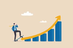 Growth for success, growing business to achieve goal, progress or improvement, career development or financial profit earning, businessman with skateboard prepare to run on growth rising graph. vector
