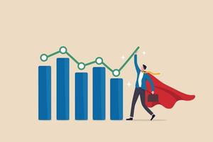 Increase investment profit, sales or company revenue, growing business or profit growth, help and support to improve performance, solution concept, businessman superhero help pushing graph rising up. vector