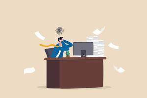 Work stress, tired or fatigue from overworked, busy to finish project within deadline, anxiety or exhaustion, headache concept, frustrated businessman sitting on office desk with busy unfinished work. vector