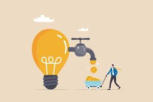 Startup company start generate revenue or income, business idea to make money, gain profit or create sales concept, businessman get money from revenue faucet flowing from lightbulb idea. vector