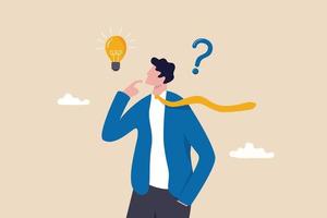 solución para resolver problemas, hacer preguntas y respuestas, descubrir ideas, resolver el concepto de dificultad empresarial, un hombre de negocios reflexivo piensa en una solución para resolver problemas con bombilla y signo de interrogación. vector