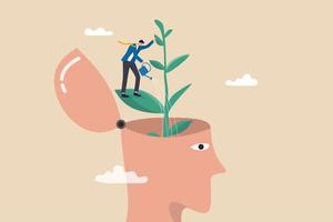 Self improvement, personal development or growth mindset, motivation to grow and achieve career success, learning new skill or knowledge concept, businessman watering plant growing from his self head. vector