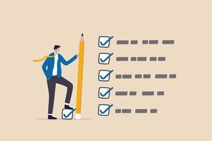 Getting things done, completed tasks or business accomplishment, finished checklist, achievement or project progression concept, businessman expert holding pencil tick all completed task checkbox. vector