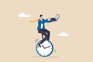 Time management, manage to finish project within deadline, productivity or efficiency to finish work, speed and urgency concept, smart businessman working with computer laptop riding clock. vector