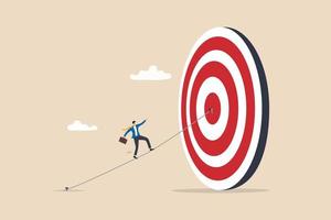 Set goal and take action to achieve goal or target, aiming or motivation to grow business and success, effort or skill to reach goal concept, businessman walking on the line aiming at target bullseye. vector