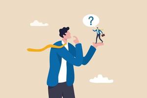 Ask yourself a question, process for self improvement, personal development, problem solving or review and evaluation concept, curious businessman asking himself for answer with big question mark. vector