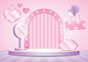 beauty podium display stage with light bulb arch backdrop and cute girly stuff 3d illustration vector for putting your object