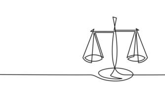 dibujo de una sola línea continua de equilibrio de peso, escalas de justicia vector