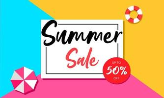 Summer sale poster or banner. White square with text summer sale and three colors background vector