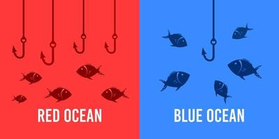 Red ocean and Blue ocean with fish. Business Opportunity Presentation Strategies vector