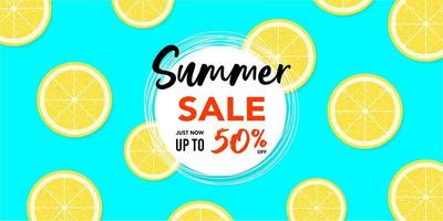 Summer sale poster or banner. White circle with text summer sale and lemons pattern background vector