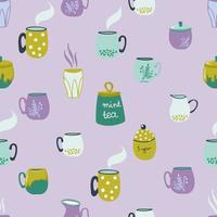 Colorful seamless pattern with ceramics. Cute background with tableware. Handmade cups and glasses. Cartoon style vector illustration for wallpaper, textile, wrapping paper.