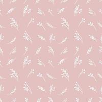 Vector seamless pattern with herbs and flowers silhouettes. Soft botanical retro background in white and pink colors. Hand drawn vector illustration for paper, fabric, design.