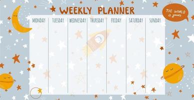 Vector weekly planner for children. Schedule design template. Cosmic theme background.