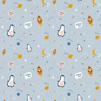 Cute seamless pattern with rockets, penguins and stars on blue background. Cosmic theme for children. Colorful vector illustration for baby shower, textile, clothes, wallpaper.