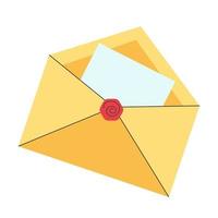 Yellow envelope with wax seal and paper. vector