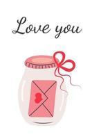 Glass jar and envelope with heart inside. Love you quote. Greeting card or poster. vector