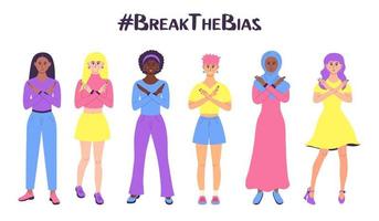 Horizontal poster with a group of women of different ethnic group and skin color cross their arms in protest. Break The Bias. vector