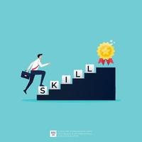 Businessman climbing skill word to the top. Skill improvement an development. New level progress and professional growth vector illustration