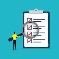 Man checklist document on clipboard with magnifying glass. vector