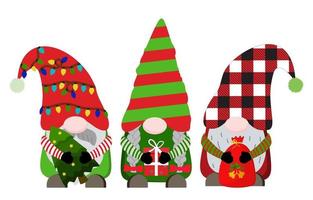 Christmas colorful gnomes with Christmas tree, gift boxes, bag with presents. Vector illustration. Isolated on white background.