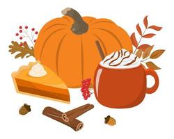 A large orange pumpkin and a autumn spicy drink in a mug and a piece of pie with cream. Cozy autumn vector illustration. Isolated on white background.