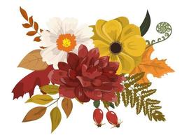 Autumn colorful floral arrangement in rustic style. Flowers, dry leaves, and berries. Isolated on white background. Autumn holiday cards design vector