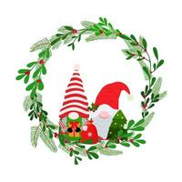 Merry Christmas round wreath with gnomes holding holiday elements. Green twigs with red berries. Vector illustration. Isolated on white background. Greeting card template.