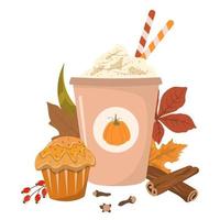 Pumpkin spice latte with cream and cupcake vector illustration. Fall season drink in disposable cup and muffin. Autumn greeting card, postcard design.