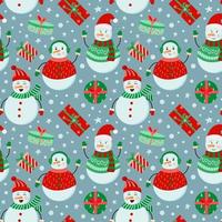 Holiday winter snowmen and gifts seamless pattern on blue background, Perfect for wrapping paper, winter greetings, background, Christmas and New Year greeting cards. vector