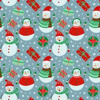 Holiday winter snowmen and gifts seamless pattern on blue background, Perfect for wrapping paper, winter greetings, background, Christmas and New Year greeting cards. vector