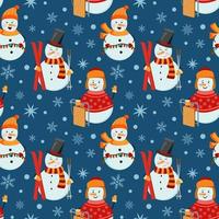 Holiday winter seamless pattern with snowmen holding skis, sled, lights on blue background, Perfect for wrapping paper, winter greetings, background, Christmas and New Year greeting cards. vector
