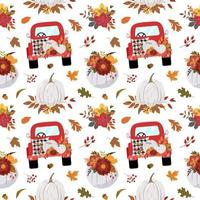 Autumn red pickup truck, pastel pumpkins, floral bouquets, forest leaves. Vector seamless pattern. Isolated on white background. Fall rustic graphic design