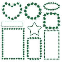 Cannabis leaves. Set of vector frames. Green plant. Different shapes rectangle, circle, heart, star. Isolated background. Flat style.